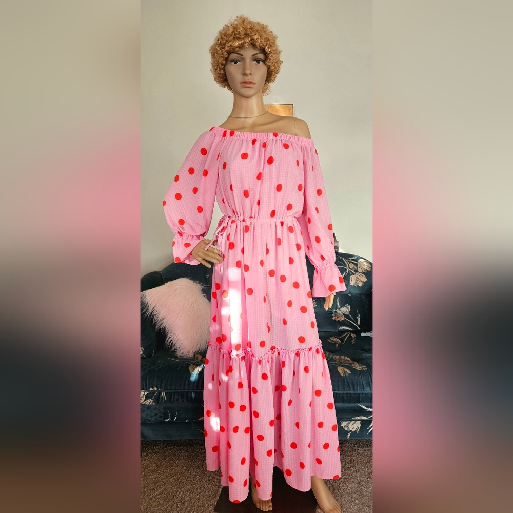 Heavy Bubblegum Pink Off-the-Shoulder Maxi Dress with Red Polka Dots